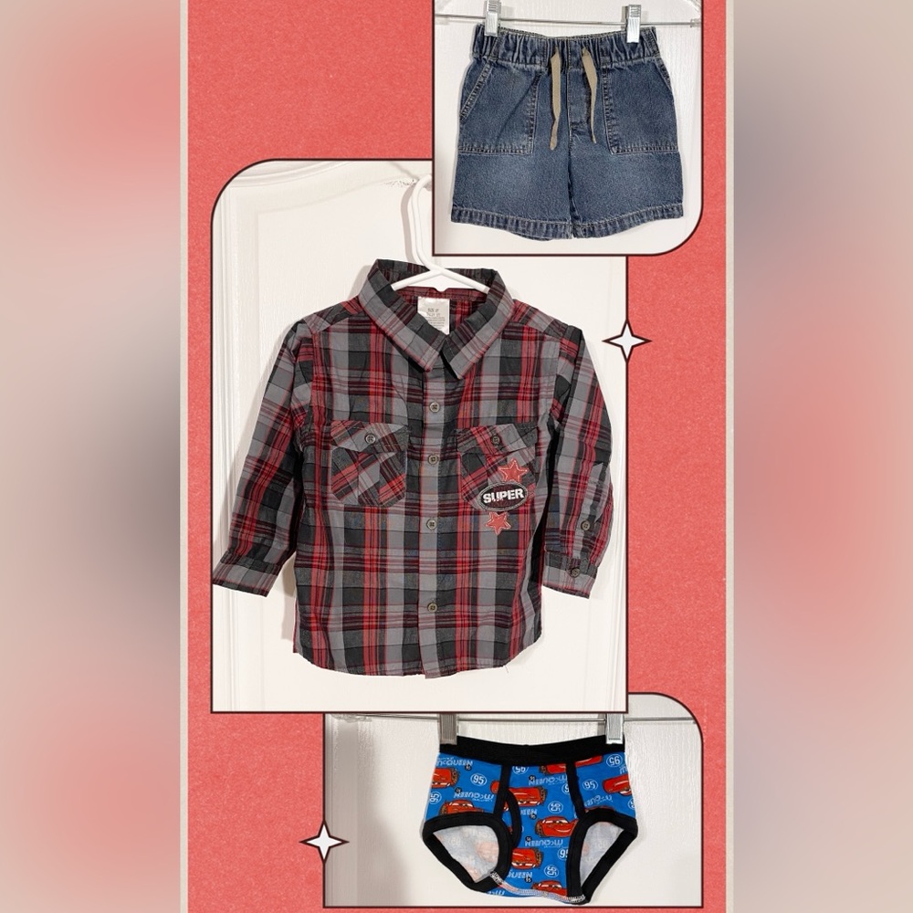 3 Pc Boy's 2T Clothing Lot Plaid Shirt Denim Shorts & New Disney Pixar Underwear